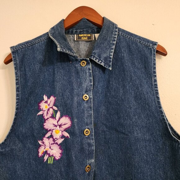 Vtg American Rave Denim Double Side Embroidered Collared Vest Size M, Cotton Y2K - Picture 5 of 14